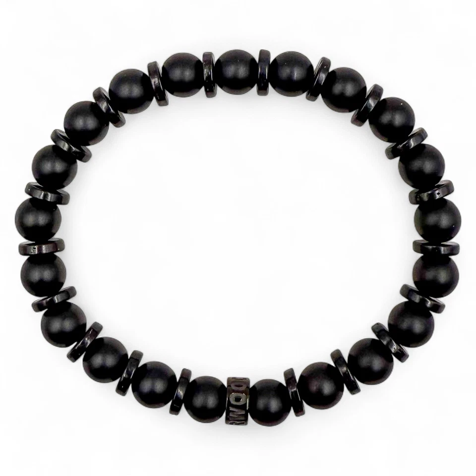 Pulsera de cuentas de piedras preciosas y madera para hombre - BLACK OPS - Joyería elástica hecha a mano Foto 3 de 4