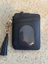 Black Zip-Around Card Wallet Tasseled ID Window Zippered Coin Solid Women