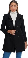 Allegra K Black Trench Coat Stand Collar Pea Double Breasted Overcoat Sz Large