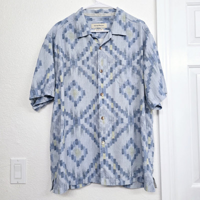 Tommy Bahama Men's 100% Silk Button Up Shirt Hawaiian Loop Collar Sky Blue Large