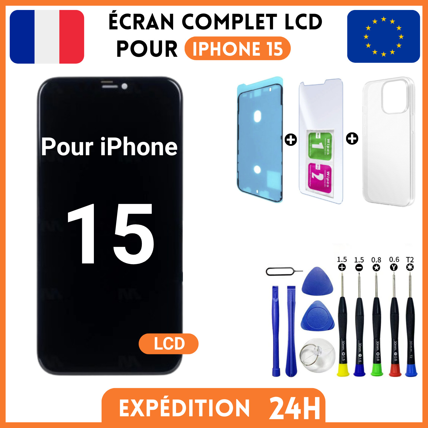 Écran Vitre Tactile iPhone 15 LCD Remplacement de Bloc Écran Cassé avec Kit Outils