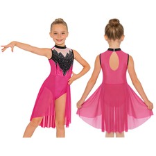UK Kids Girls Lyrical Dance Costume Shiny Rhinestones Ballet Leotard Sheer Skirt