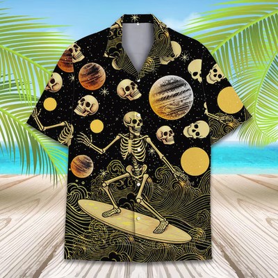 Skeleton Surfer Space Hawaiian Shirt Men's Beach Aloha
