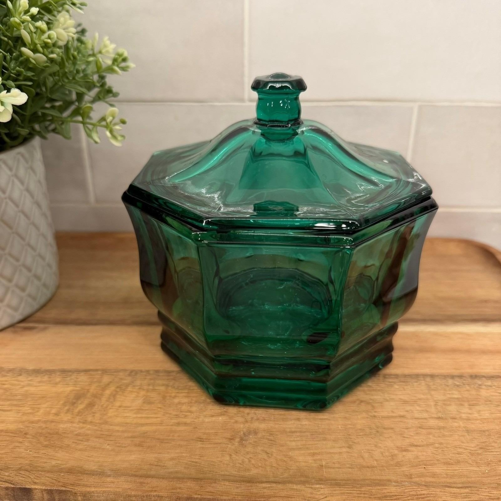 Vintage Indiana Glass Co. Green Candy Dish Octagonal Lidded Jar Jewel Tone