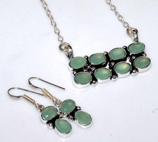 Exclusive Green Chalcedony 925 Silver Plated Necklace Earrings Set 16|1.5" GW