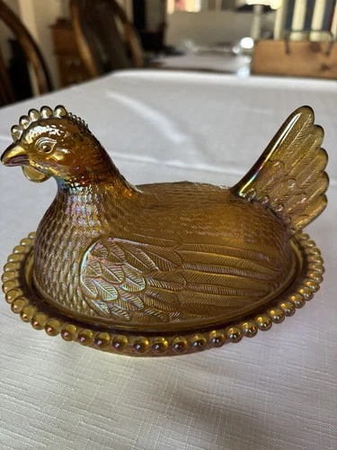 Vintage Indiana Glass 7” Hen on Nest - Golden Carnival Amber Iridescent