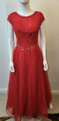 Rot verziert Spitze trägerlos formell Abschlussball Abendkleid Größe Medium 