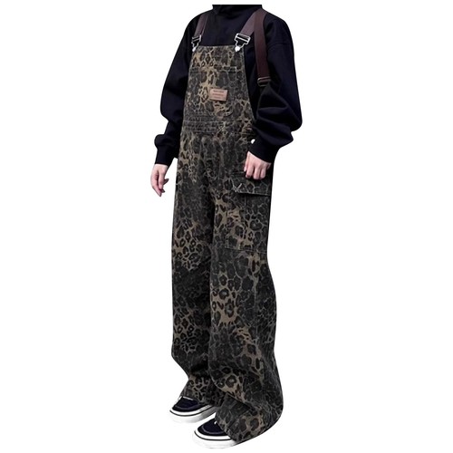 Women's Retro Street Style Leopard Print Pocket Overalls Casual Loose Fit - Picture 2 of 15