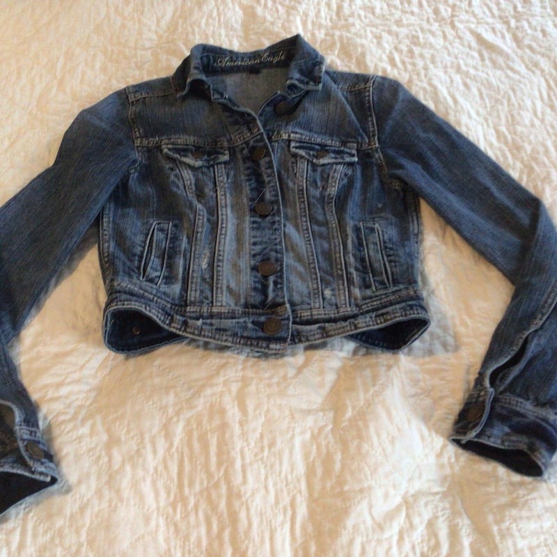 American Eagle Womens Denim Jacket Size XS Button Up Long Sleeve Distressed