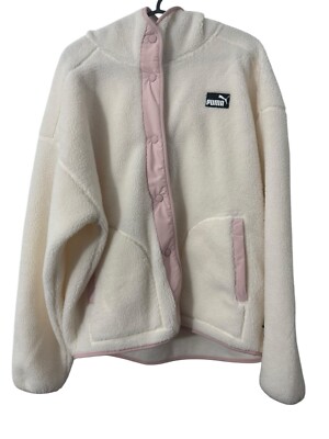 Puma Hooded Sherpa Fleece Jacket Womens Ivory Pink Athletic Outerwear Large