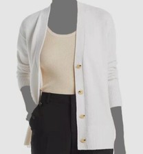  445 Vince Women's White Wool Cashmere Weekend Ribbed Cardigan Sweater Size L