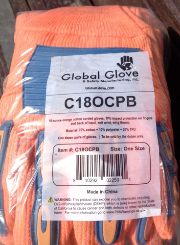 GLOBAL GLOVE & SAFETY MFG ~ C18OCPB Orange Cotton Corded One Size - 12 pk Dozen