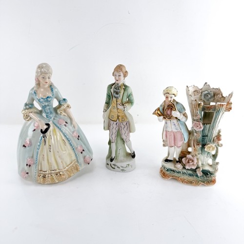 3 Vintage Victorian Porcelain Figurines Lady in Big Dress Male w/ Horn Vase Lot - 第 1/14 張圖片