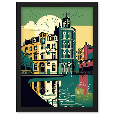 Leeds Stadt Architektur Uferpromenade Illustration gerahmtes Wandbild Bild Druck A4
