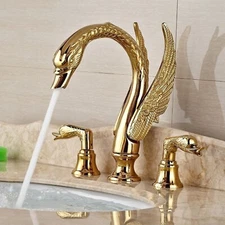 Gold Swan Bathroom Sink Faucet 3 Holes Widespread Dual Handle Basin Mixer Faucet