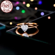 Solid 925 Sterling Silver Cubic Zircon Heart Cut Ring Champagne Gold for Women