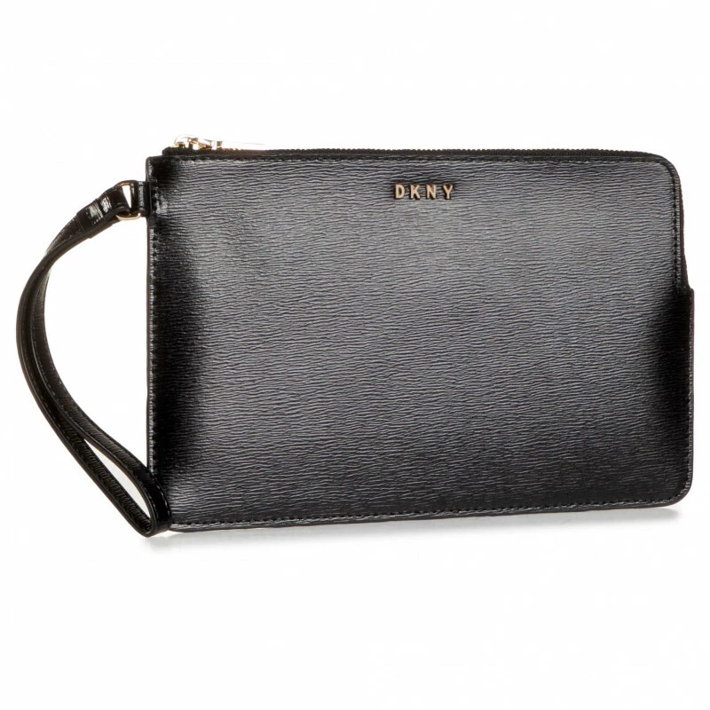 DKNY Bryant Wristlet Pouch Black Gold Logo Zip Around Saffiano