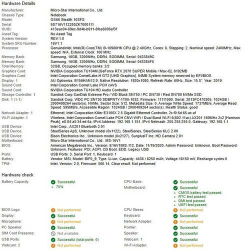MSI GS66 Stealth 10SFS Laptop (Core i9-10980HK, 1TB NVMe, 32GB RAM)-No AC/OS - Bild 17 von 20