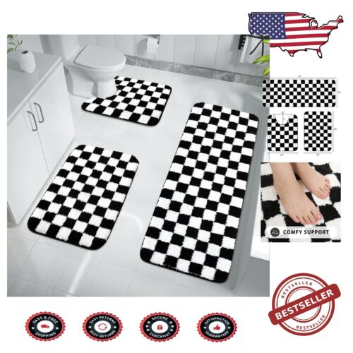 Luxury Checkered Bathroom Rug Set: Soft Microfiber & Non-Slip Design for Comfort