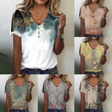 Women's Short Sleeve Print Tops Summer Loose T-Shirt V-neck Tees Casual Comfort