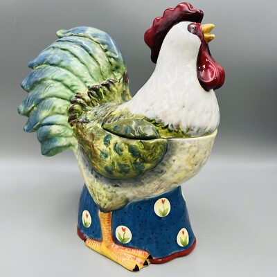 12'' Susan Winget Ceramic Rooster Blue Cookie Jar Flowers Certified International