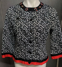 Ruby Rd Women's Jacket 12 Patterned Red Trim Beaded Collar Detail Button Front