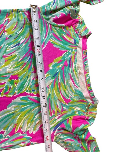 Lilly Pulitzer S Boatneck Jersey Knit Dress Pink Green Palm Print Gold Buttons - Picture 11 of 14