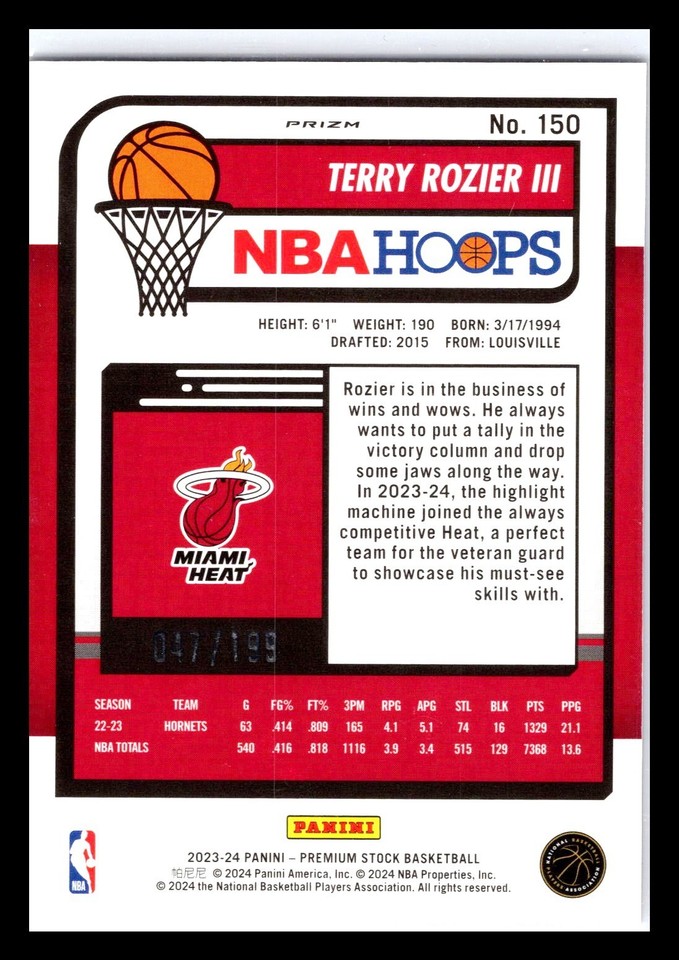 2023-24 NBA Hoops Premium Stock -Terry Rozier #150 Red Seismic Prizm ...