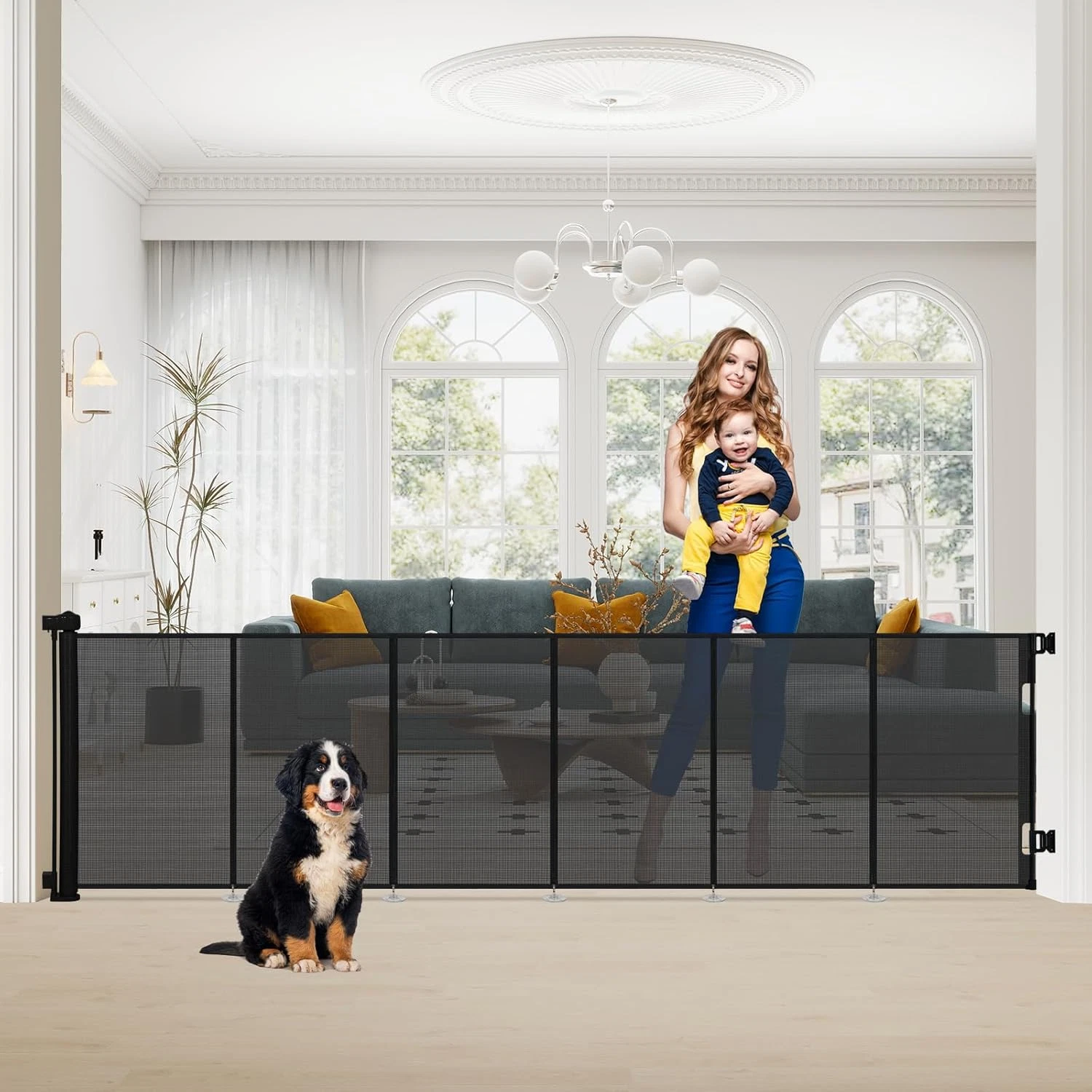 Extra Wide Retractable Dog Gates, Mesh Baby Gate with Support Rods Extend to 118