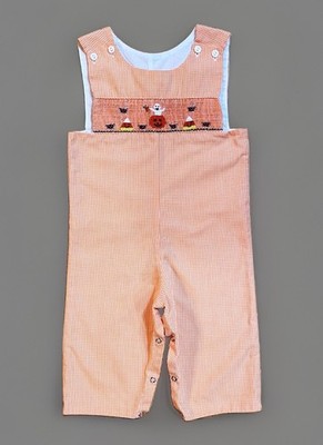 Vintage BE MINE Smocked Jumper 12 Mo Halloween Orange Gingham Overalls