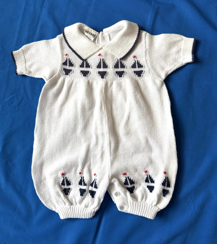 Vintage Jo Lene Embroidered Sailor Nautical Knit Romper Size 6/9 Mos Navy White