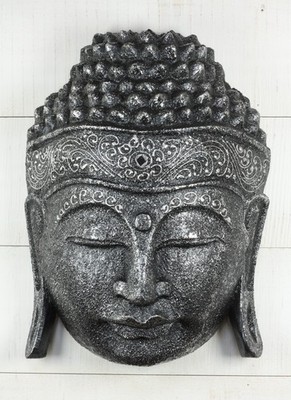 12'' Wooden Wall Mask Serene Silver Buddha Head Statue Hand Carved Sculpture