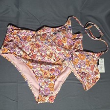 Cupshe NWT XL Floral 2 Piece Swim Bikini High Waisted Orange Pink