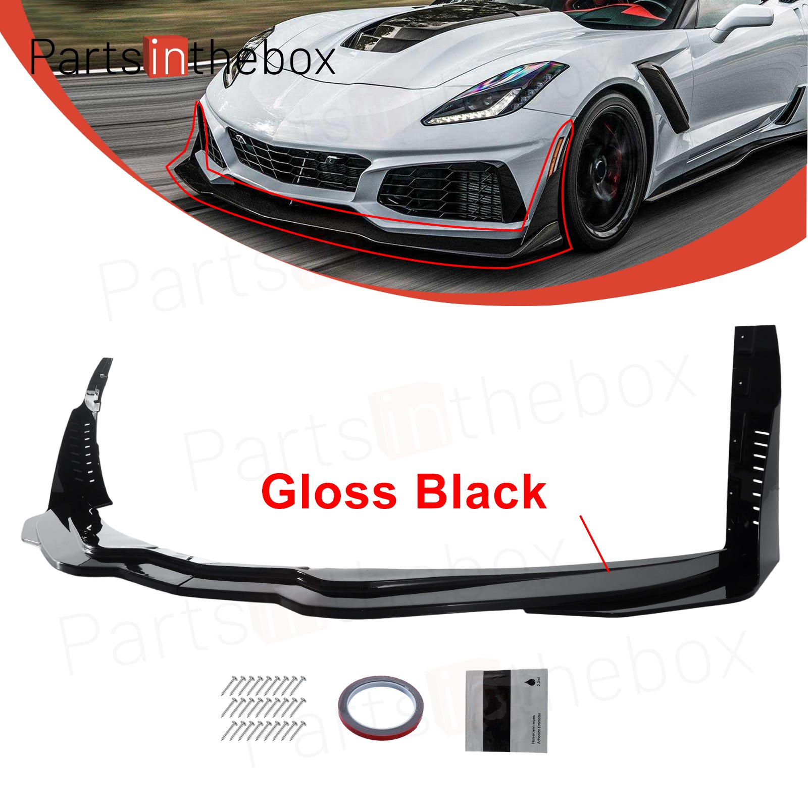 Gloss Black Front Bumper Lip Splitter w/Corner Winglet For 2014-2019 Corvette C7