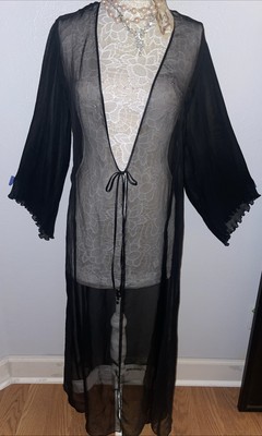 Victoria's Secret Long Robe Sz M/L Long Black Sheer Accordion Pleat Bell Sleeve