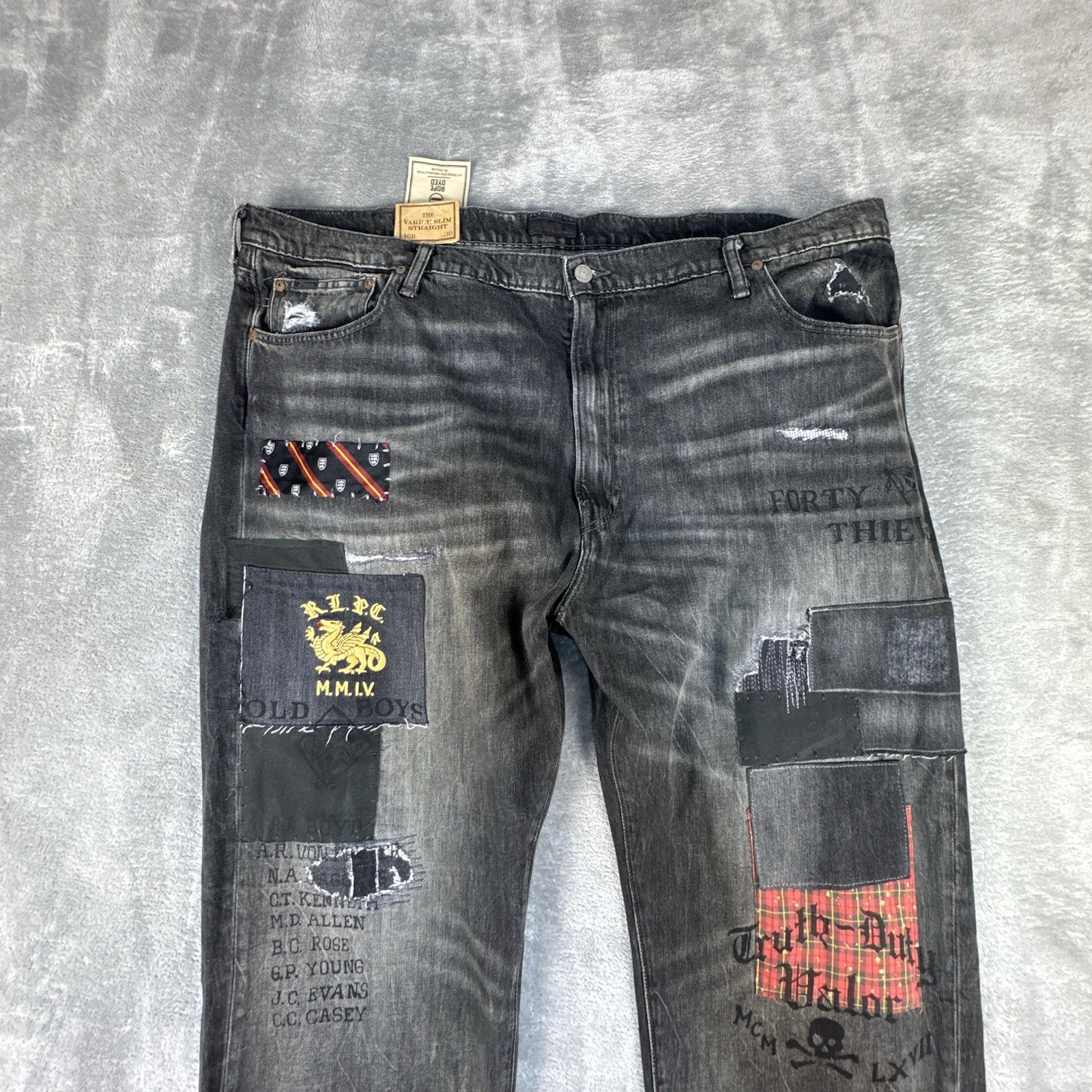 Polo Ralph Lauren Varick Slim Straight Jeans Mens 46BX30 Black Patch Graffiti thumbnail 2