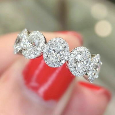 Real Moissanite 2.50Ct Oval Cut Eternity Wedding Ring 14K White Gold Plated