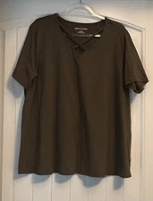 Jessica London Olive Green Criss Cross V Neck Short Sleeve Cotton Stretch Top L
