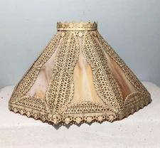 Vintage Antique Slag Glass Lamp Shade Filigree Frame 16" x 9 1/2"