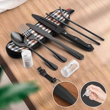 ACA Portable Reusable Travel Camping Stainless Steel Utensils Cutlery Set Black