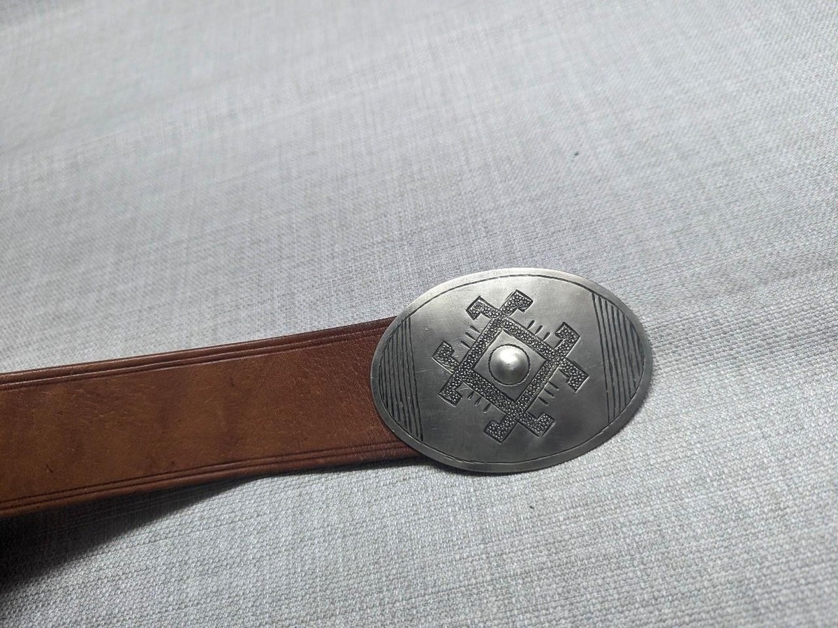 NWT 80s BROWN LEATHER MOROCCAN WIDE BELT W ANTIQUED METAL MEDALLION & RIVETS L Vegan Leather Renaissance Belt – French Meadows main image 3