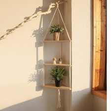 Boho Wooden Floating Triple Corner Shelf Macrame Bohemian Decor Wall Hanging