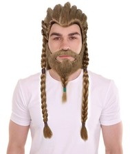 Men Viking Braided Wig, Beard  Mustache Set, Long Synthetic Hair with Braided