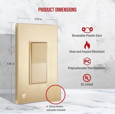 ENERLITES Elite Series Decorator Light Switch, Brushed Gold Screwless Wall Plate