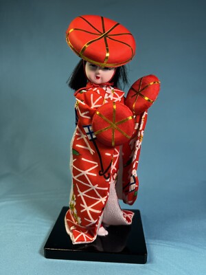 Vintage SHOGETSU Doll Japanese Geisha Maiko Red Kimono Hat Dance