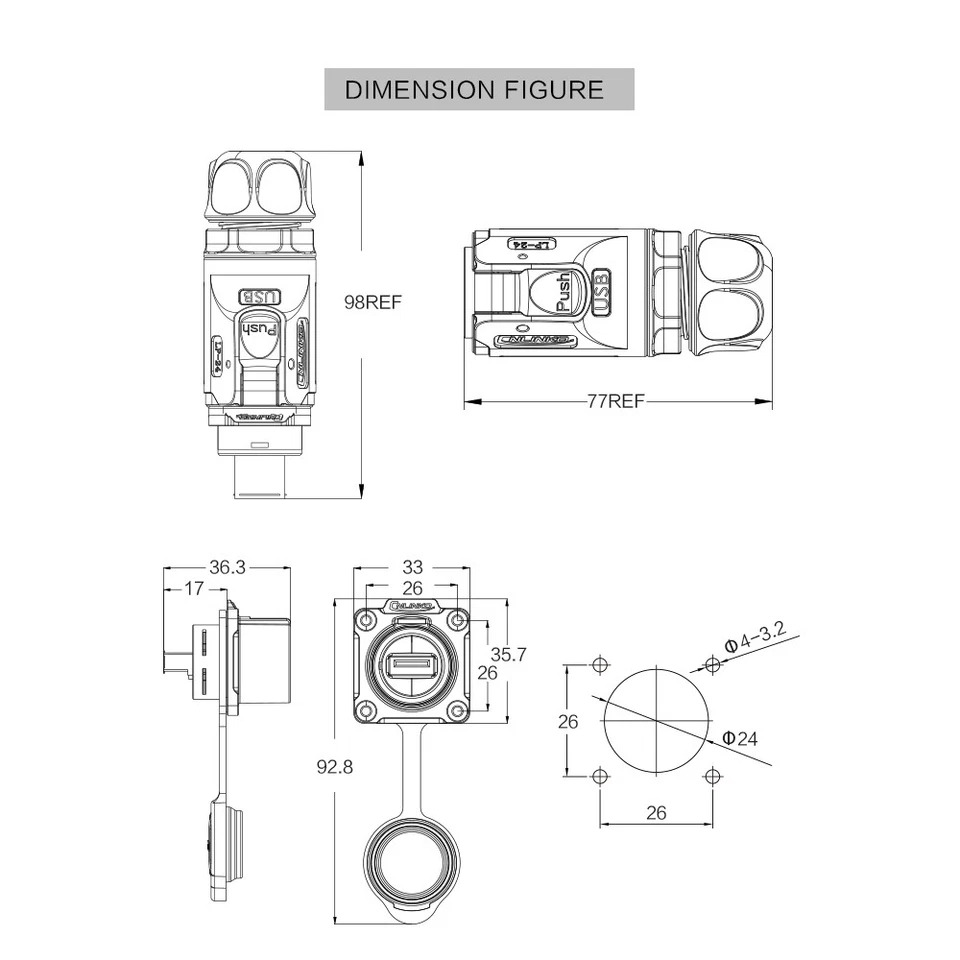 M24 Industry USB3.0 1.5A Waterproof IP67 Soldering USB Data Connector Panel Jack - Image 4 of 4
