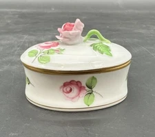Herend Vienna Rose Small Oval Trinket Box & Lid 3" x 2" Pink Rose Finial EUC