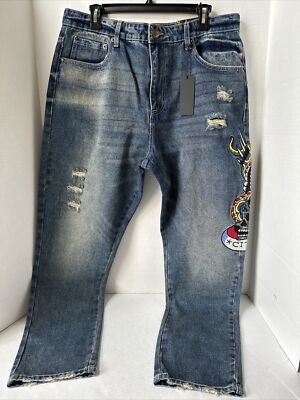 Men s Size 38 Ed Hardy Denim Jeans New York City Eagle Skull Patch Distressed