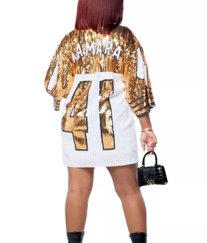 New Orleans Saints Alvin Kamara White Sequin Jersey Dress | eBay New Orleans Saints Alvin Kamara White Sequin Jersey Dress | eBay