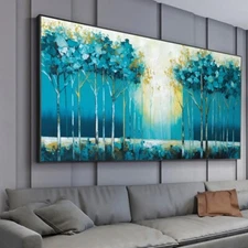 Forest Oil Painting On Canvas Abstract Blue Hand Painted Painting Boho Wall